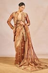 Buy_Masaba_Rust Tissue Embroidery, Zari, Beads, Sequins, Zard Sitara Saree Set With Jacket _at_Aza_Fashions