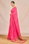 Shop_Masaba_Pink Crepe Embroidery, Zari Leaf Neck Patakha Saree With Blouse _Online_at_Aza_Fashions