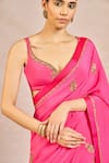 Masaba_Pink Crepe Embroidery, Zari Leaf Neck Patakha Saree With Blouse _at_Aza_Fashions