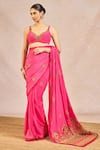 Shop_Masaba_Pink Crepe Embroidery, Zari Leaf Neck Patakha Saree With Blouse 