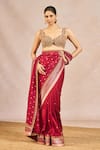 Masaba_Red Dupion, Organza, Jacquard, Silk Embroidery, Baat Ban Gyi Saree With Bustier _at_Aza_Fashions