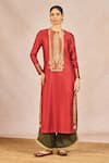 Masaba_Rust Silk, Organza Embroidery, Patchwork, Zari, Sequins Dil Lubhata Kurta Set _Online_at_Aza_Fashions