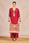 Masaba_Red Silk, Organza Embroidery, Patchwork, Zari V-neck Baat Ban Gyi Kurta Set _at_Aza_Fashions