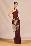 Masaba_Burgundy Crepe Embroidery, Crystals, Tassels, Kareeb Se Draped Corset Skirt _at_Aza_Fashions