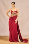 Buy_Masaba_Red Crepe Embroidery, Sequins, Zari Sweetheart Neck Mehakasa Paigam Gown _at_Aza_Fashions