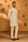 Masaba_Ivory Silk, Shantoon Foil Printing Crane Dawn Kurta Set _at_Aza_Fashions