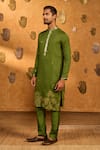 Shop_Masaba_Olive Green Jacquard Embroidery, Zari Zen Kurta Set _Online_at_Aza_Fashions