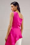 Shop_Lavanya Ahuja_Pink Linen, Satin One Shoulder Cascade Peplum Top _at_Aza_Fashions