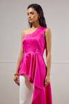 Shop_Lavanya Ahuja_Pink Linen, Satin One Shoulder Cascade Peplum Top _Online_at_Aza_Fashions