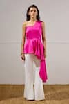 Lavanya Ahuja_Pink Linen, Satin One Shoulder Cascade Peplum Top _at_Aza_Fashions