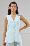 Buy_Lavanya Ahuja_Sky Blue Crepe Embroidery V-neck Mariner Long Waistcoat And Pant Set _Online_at_Aza_Fashions