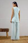 Shop_Lavanya Ahuja_Sky Blue Crepe Embroidery V-neck Mariner Long Waistcoat And Pant Set _at_Aza_Fashions