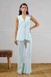 Buy_Lavanya Ahuja_Sky Blue Crepe Embroidery V-neck Mariner Long Waistcoat And Pant Set _at_Aza_Fashions