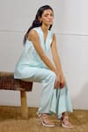 Shop_Lavanya Ahuja_Sky Blue Crepe Embroidery V-neck Mariner Long Waistcoat And Pant Set 