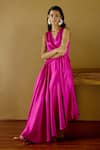 Lavanya Ahuja_Fuchsia Linen, Satin V-neck Kindred Spirit Tie Up Dress _Online_at_Aza_Fashions