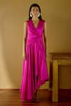 Buy_Lavanya Ahuja_Fuchsia Linen, Satin V-neck Kindred Spirit Tie Up Dress _Online_at_Aza_Fashions
