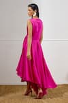 Shop_Lavanya Ahuja_Fuchsia Linen, Satin V-neck Kindred Spirit Tie Up Dress _at_Aza_Fashions