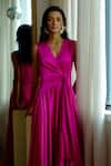 Shop_Lavanya Ahuja_Fuchsia Linen, Satin V-neck Kindred Spirit Tie Up Dress _Online_at_Aza_Fashions