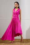 Buy_Lavanya Ahuja_Fuchsia Linen, Satin V-neck Kindred Spirit Tie Up Dress _at_Aza_Fashions