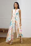 Buy_Lavanya Ahuja_Off White Cotton, Poplin V-neck Kindred Spirit Printed Tie Up Dress _Online_at_Aza_Fashions