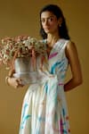 Lavanya Ahuja_Off White Cotton, Poplin V-neck Kindred Spirit Printed Tie Up Dress _at_Aza_Fashions