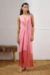 Buy_Lavanya Ahuja_Pink Lycra Fringe V-neck Sunset Soiree Draped Wrap Dress _at_Aza_Fashions