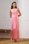 Shop_Lavanya Ahuja_Pink Lycra Fringe V-neck Sunset Soiree Draped Wrap Dress _Online_at_Aza_Fashions