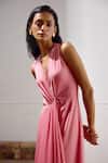 Lavanya Ahuja_Pink Lycra Fringe V-neck Sunset Soiree Draped Wrap Dress _at_Aza_Fashions
