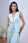 Lavanya Ahuja_Aqua Linen, Satin V-neck Unfurl Tie Up Top And Draped Skirt Set _Online_at_Aza_Fashions