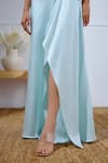 Buy_Lavanya Ahuja_Aqua Linen, Satin V-neck Unfurl Tie Up Top And Draped Skirt Set _Online_at_Aza_Fashions