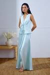 Lavanya Ahuja_Aqua Linen, Satin V-neck Unfurl Tie Up Top And Draped Skirt Set _at_Aza_Fashions