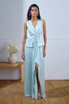 Buy_Lavanya Ahuja_Aqua Linen, Satin V-neck Unfurl Tie Up Top And Draped Skirt Set _at_Aza_Fashions