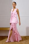 Shop_Lavanya Ahuja_Pink Linen, Satin, Organza Embroidery Unfurl Tie Up Top And Draped Skirt Set _Online_at_Aza_Fashions