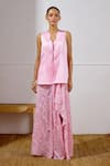 Lavanya Ahuja_Pink Linen, Satin, Organza Embroidery Unfurl Tie Up Top And Draped Skirt Set _at_Aza_Fashions