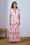 Buy_Lavanya Ahuja_White Chiffon V-neck Flutter Printed Tiered Dress _Online_at_Aza_Fashions