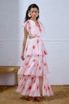 Lavanya Ahuja_White Chiffon V-neck Flutter Printed Tiered Dress _at_Aza_Fashions