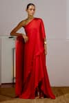 Lavanya Ahuja_Red Satin, Georgette One Shoulder Unfurl Saree Gown _Online_at_Aza_Fashions