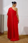 Shop_Lavanya Ahuja_Red Satin, Georgette One Shoulder Unfurl Saree Gown _at_Aza_Fashions