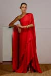 Buy_Lavanya Ahuja_Red Satin, Georgette One Shoulder Unfurl Saree Gown _at_Aza_Fashions