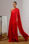 Shop_Lavanya Ahuja_Red Satin, Georgette One Shoulder Unfurl Saree Gown _Online_at_Aza_Fashions