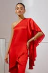 Lavanya Ahuja_Red Satin, Georgette One Shoulder Billow Asymmetrical Tunic And Pant Set _Online_at_Aza_Fashions