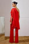 Shop_Lavanya Ahuja_Red Satin, Georgette One Shoulder Billow Asymmetrical Tunic And Pant Set _at_Aza_Fashions