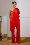 Shop_Lavanya Ahuja_Red Satin, Georgette One Shoulder Billow Asymmetrical Tunic And Pant Set _Online_at_Aza_Fashions