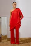 Buy_Lavanya Ahuja_Red Satin, Georgette One Shoulder Billow Asymmetrical Tunic And Pant Set _at_Aza_Fashions