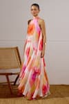 Shop_Lavanya Ahuja_Pink Chiffon Halter Neck Zephyr Printed Layered Dress _Online_at_Aza_Fashions