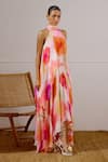 Buy_Lavanya Ahuja_Pink Chiffon Halter Neck Zephyr Printed Layered Dress _at_Aza_Fashions