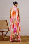 Shop_Lavanya Ahuja_Pink Chiffon Halter Neck Zephyr Printed Layered Dress _at_Aza_Fashions
