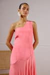 Lavanya Ahuja_Coral Chiffon, Crepe One Shoulder Flurry Asymmetrical Drop Waist Dress _Online_at_Aza_Fashions