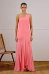 Buy_Lavanya Ahuja_Coral Chiffon, Crepe One Shoulder Flurry Asymmetrical Drop Waist Dress _Online_at_Aza_Fashions