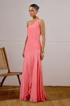 Lavanya Ahuja_Coral Chiffon, Crepe One Shoulder Flurry Asymmetrical Drop Waist Dress _at_Aza_Fashions